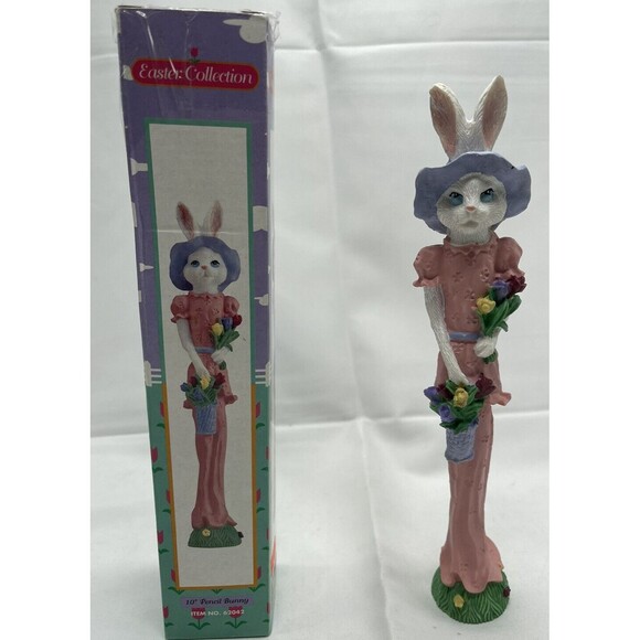 Vintage 1991 Resin Easter Bunny Rabbit Tall Thin Skinny figurine / Spring Flower - Picture 1 of 16